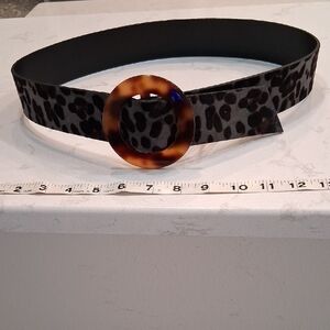 Leopard Print Belt with Tortoise Shell Buckle.